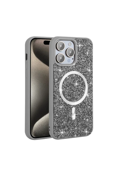 KILIFTECH iPhone 14 Pro Max Kılıf Pırlanta Tasarımlı Magsafe Şarj Özellikli Zore Mozaik Silikon Kapak - Siyah - Resim 5