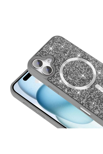 zore iPhone 16 Pro Kılıf Pırlanta Tasarımlı Magsafe Şarj Özellikli Zore Mozaik Silikon Kapak - Siyah - Resim 5