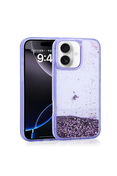 KILIFTECH iPhone 16 Uyumlu Kılıf Sıvılı Simli Şeffaf Arka Yüzey Zore Keto Silikon Kapak-Mor