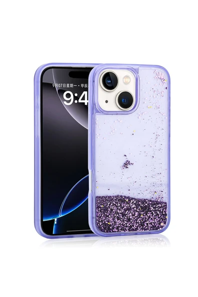 FLYGIFTS iPhone 15 Kılıf Sıvılı Simli Şeffaf Arka Yüzey Zore Keto Silikon Kapak - Mor