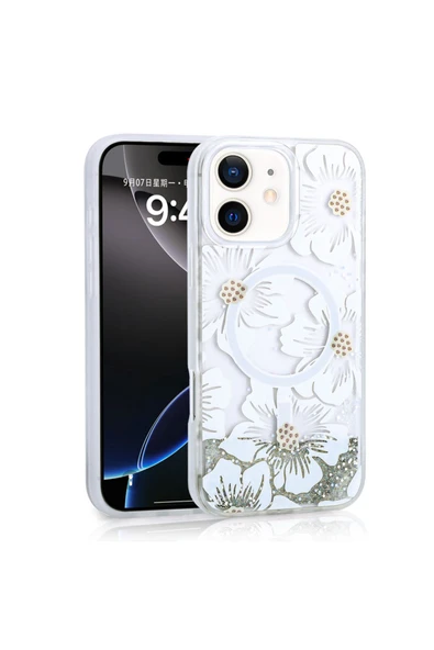 KILIFTECH iPhone 12 Uyumlu Kılıf Sıvılı Simli Baskılı Şeffaf Arka Yüzey Zore Mossa Silikon Kapak-Gri ürün görseli