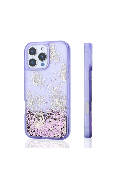 Cleo Cases iPhone 14 Pro Max Uyumlu Kılıf Sıvılı Simli Kelebek Baskılı Şeffaf Arka Yüzey Zore Glis Silikon Kapa - 4