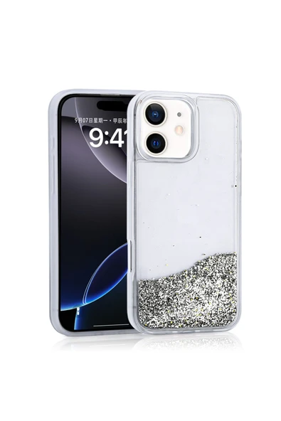 KILIFTECH iPhone 11 Uyumlu Kılıf Sıvılı Simli Şeffaf Arka Yüzey Zore Keto Silikon Kapak-Gümüş