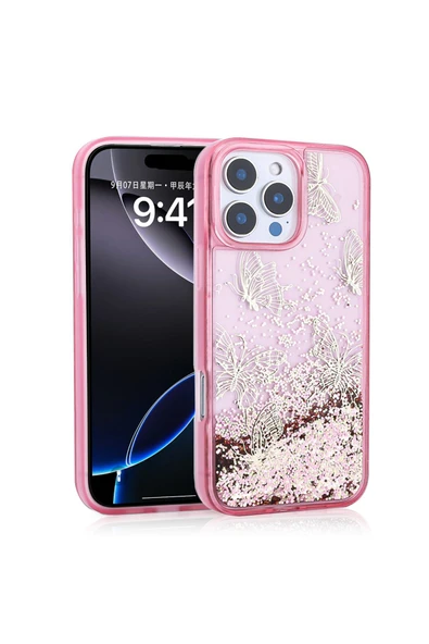 KILIFTECH iPhone 16 Pro Max Uyumlu Kılıf Sıvılı Simli Kelebek Baskılı Şeffaf Arka Yüzey Zore Glis Silikon Kapa