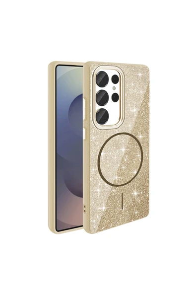 zore Galaxy S25 Ultra Kılıf Magsafe Şarj Özellikli Parlayan Simli Zore Okso Kapak - Pembe - Resim 3