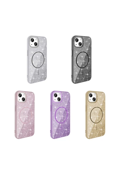 KILIFTECH iPhone 13 Kılıf Magsafe Şarj Özellikli Parlayan Simli Zore Okso Kapak - Gold - Resim 3