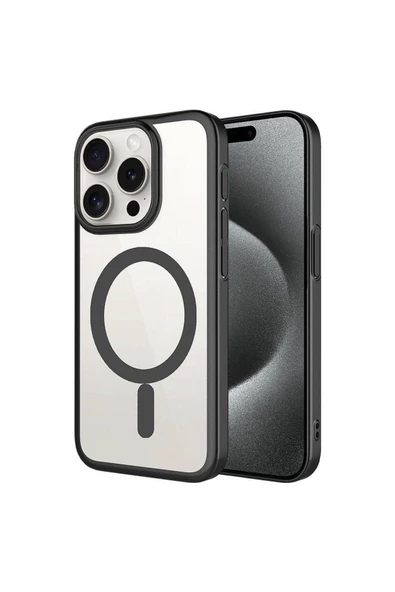 zore iPhone 15 Pro Uyumlu Wireless Şarj Özellikli Sert PC Zore Mat Riksos Magsafe Kılıf-Siyah ürün görseli