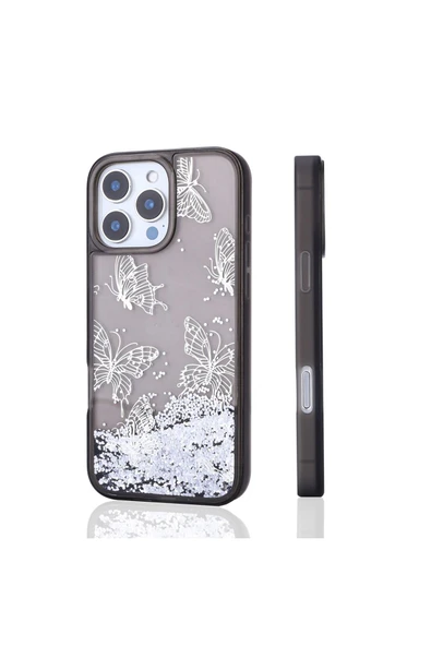 KILIFTECH iPhone 16 Pro Max Uyumlu Kılıf Sıvılı Simli Kelebek Baskılı Şeffaf Arka Yüzey Zore Glis Silikon Kapa - 2