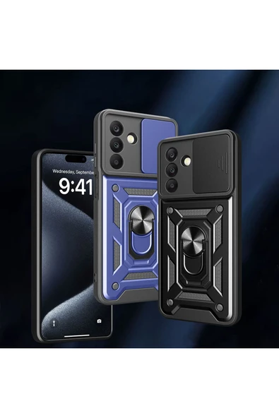 szr store Galaxy A26 Kılıf Magnetik Standlı Kamera Korumalı Zore Sürgülü Vega Kapak - Mavi - 3