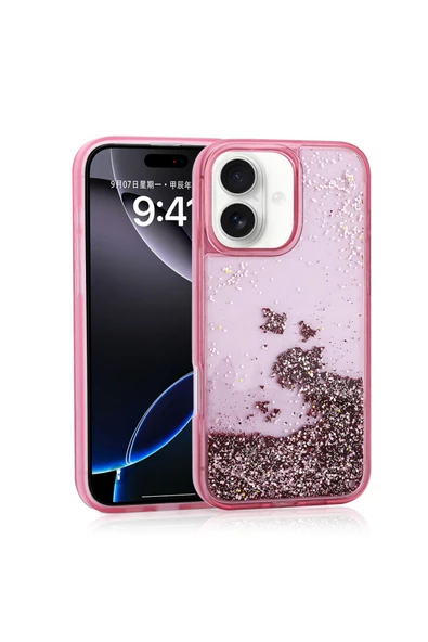 KILIFTECH iPhone 16 Uyumlu Kılıf Sıvılı Simli Şeffaf Arka Yüzey Zore Keto Silikon Kapak-Pembe