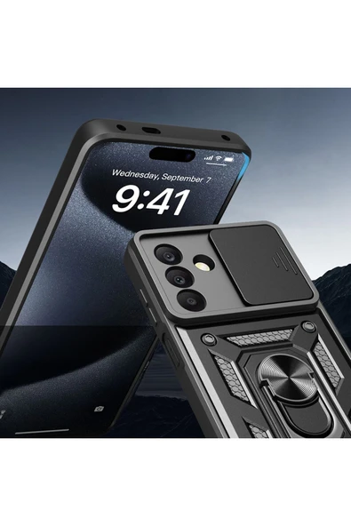 szr store Galaxy A26 Kılıf Magnetik Standlı Kamera Korumalı Zore Sürgülü Vega Kapak - Mavi - 6