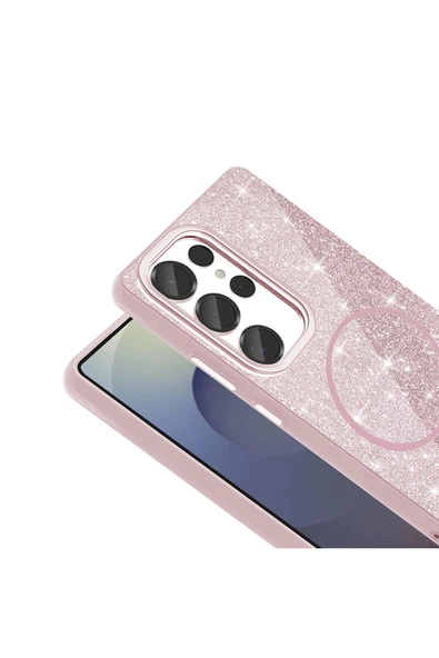 zore Galaxy S25 Ultra Kılıf Magsafe Şarj Özellikli Parlayan Simli Zore Okso Kapak - Pembe - Resim 6