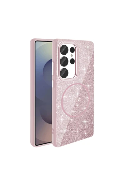 zore Galaxy S25 Ultra Kılıf Magsafe Şarj Özellikli Parlayan Simli Zore Okso Kapak - Pembe - Resim 5