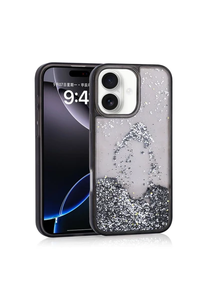 KILIFTECH iPhone 16 Uyumlu Kılıf Sıvılı Simli Şeffaf Arka Yüzey Zore Keto Silikon Kapak-Siyah