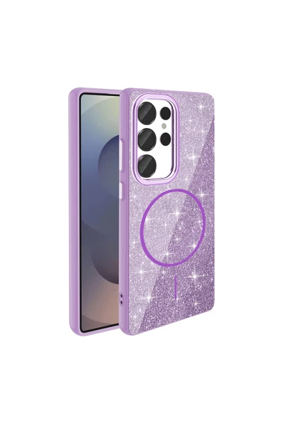 zore Galaxy S25 Ultra Kılıf Magsafe Şarj Özellikli Parlayan Simli Zore Okso Kapak - Pembe - Resim 7