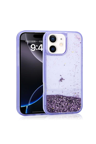 KILIFTECH iPhone 11 Uyumlu Kılıf Sıvılı Simli Şeffaf Arka Yüzey Zore Keto Silikon Kapak-Mor