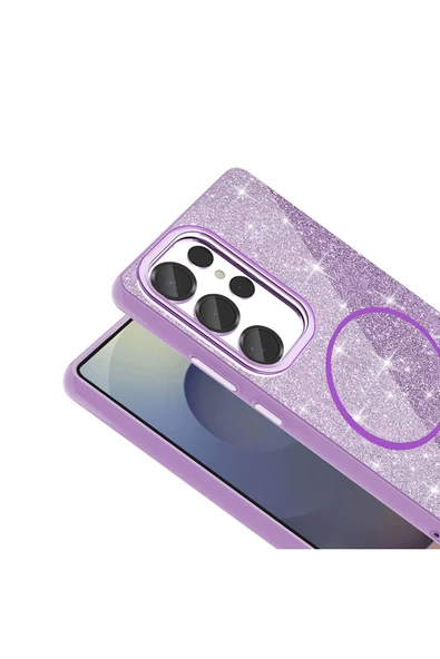 zore Galaxy S25 Ultra Kılıf Magsafe Şarj Özellikli Parlayan Simli Zore Okso Kapak - Pembe - Resim 8