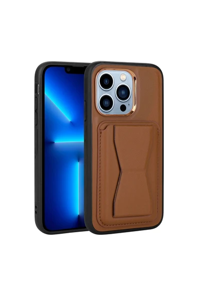 zore iPhone 13 Pro Uyumlu Kartlıklı Standlı Pu Deri CSK Zore Memo Kılıf-Kahverengi