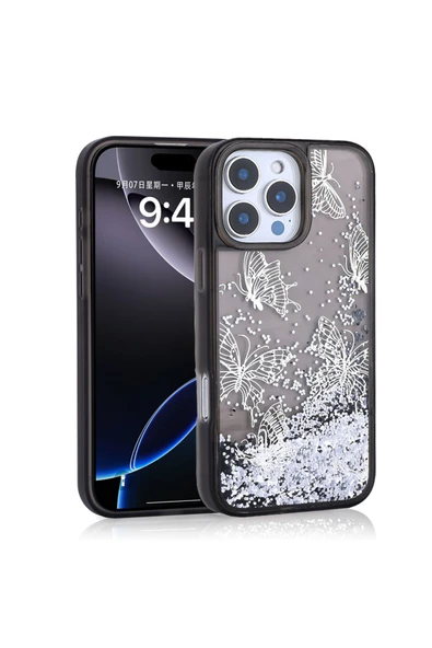 KILIFTECH iPhone 15 Pro Max Uyumlu Kılıf Sıvılı Simli Kelebek Baskılı Şeffaf Arka Yüzey Zore Glis Silikon Kapa