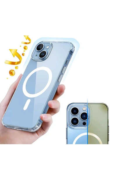 zore iPhone 15 Plus Uyumlu Magsafe Şarj Özellikli Şeffaf Sert PC Zore Embos Kılıf-Renksiz - Resim 2