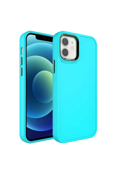 KILIFTECH iPhone 12 Uyumlu Metal Çerçeve ve Buton Tasarımlı Sert Zore Botox Kılıf-Turkuaz ürün görseli