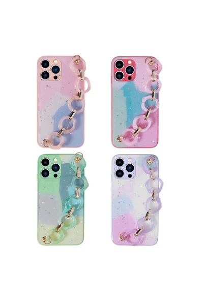 KILIFTECH iPhone 13 Pro Max Uyumlu Simli Desenli El Askılı Tutacaklı Zore Elsa Silikon Kılıf-Yeşil - Resim 2