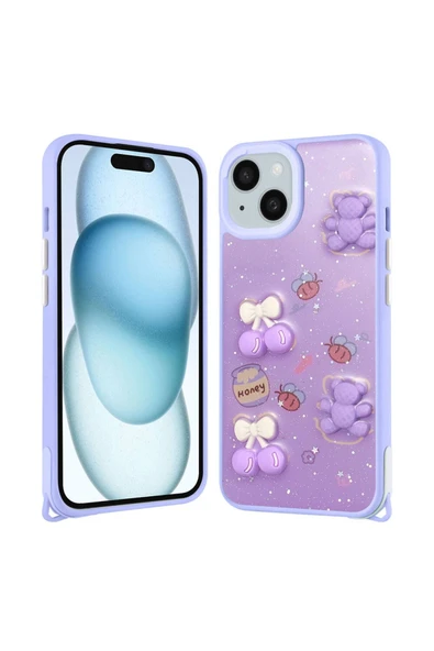 KILIFTECH iPhone 15 Kılıf Parlayan Sıvılı Simli Kabartma Figürlü Zore Cevze Kapak-Mor Ayı ürün görseli