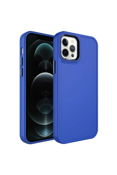 Resveq iPhone 12 Pro Max Uyumlu Metal Çerçeve ve Buton Tasarımlı Sert Zore Botox Kılıf-Saks Mavi ürün görseli