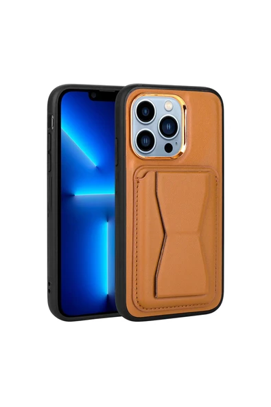 zore iPhone 12 Pro Uyumlu Kartlıklı Standlı Pu Deri Zore Memo Kılıf-Kahve Açık