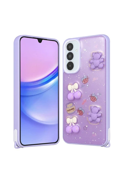 KILIFTECH Galaxy A14 Kılıf Parlayan Sıvılı Simli Kabartma Figürlü Zore Cevze Kapak-Mor PaNSM-ya ürün görseli