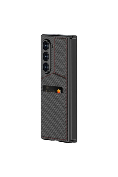 KILIFTECH Galaxy Z Fold 6 Kılıf Karbon Fiber Kartlıklı Zore Kıpta Dik Açılan Kartlıklı Kapak-Siyah - 2