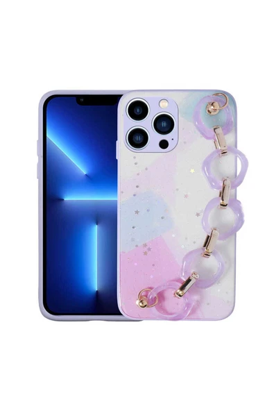 KILIFTECH iPhone 13 Pro Uyumlu Simli Desenli El Askılı Tutacaklı Zore Elsa Silikon Kılıf-Lila ürün görseli