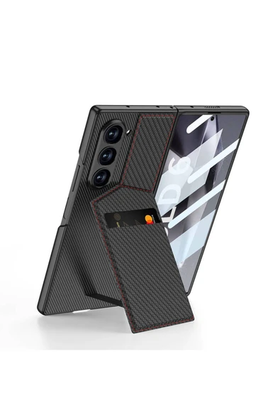 KILIFTECH Galaxy Z Fold 6 Kılıf Karbon Fiber Kartlıklı Zore Kıpta Dik Açılan Kartlıklı Kapak-Siyah - 1
