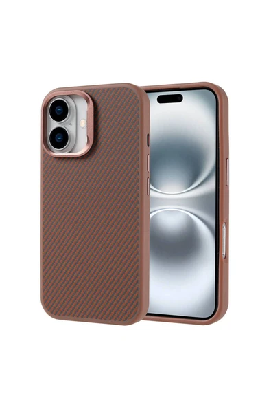 KILIFTECH iPhone 16 Plus Kılıf Magsafe Şarj Özellikli Karbon Fiber Görünümlü Zore Troy Kapak-Desert Titanyum ürün görseli