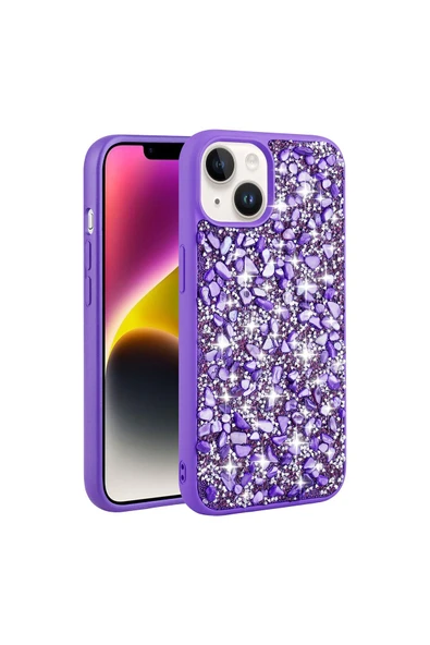KILIFTECH iPhone 13 Uyumlu Parlak Taşlı Tasarım Zore Linea Kılıf-Mor ürün görseli