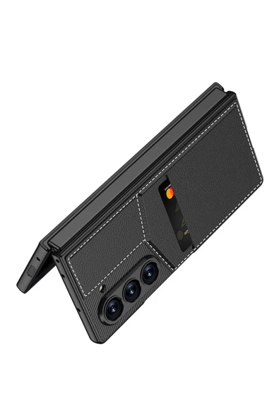Cleo Cases Galaxy Z Fold 6 Kılıf Karbon Fiber Deri Kartlıklı Zore Kıpta Dik Açılan Kartlıklı Kapak-Siyah - 3