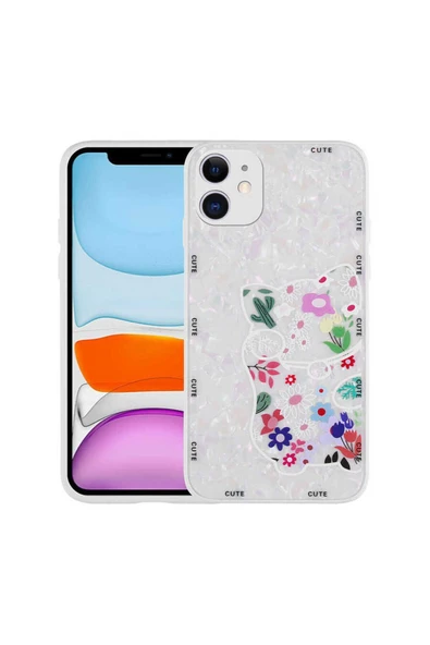 zore iPhone 11 Uyumlu Desenli Sert Silikon Zore Mumila Kılıf-White Cat ürün görseli