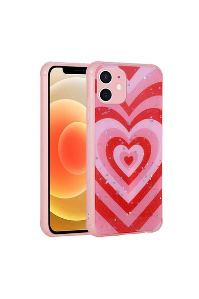 YuccaTech iPhone 12 Uyumlu Simli Desenli Kamera Korumalı Parlak Zore Popy Kılıf-Kalp ürün görseli