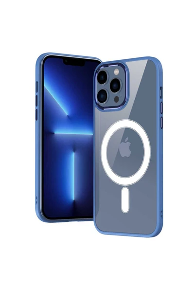 lumena iPhone 12 Pro Max Uyumlu Wireless Şarj Özellikli Zore Krom Magsafe Silikon Kılıf-Lacivert - Resim 3