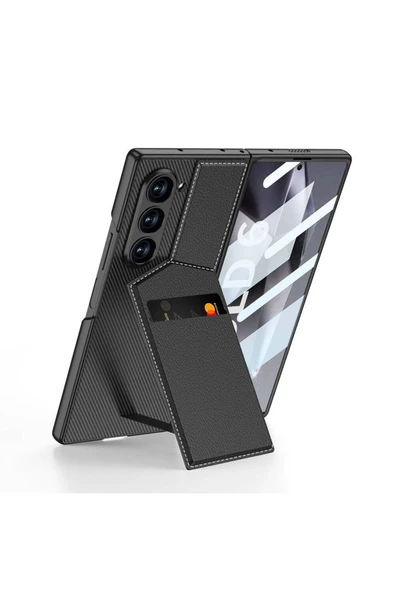 Cleo Cases Galaxy Z Fold 6 Kılıf Karbon Fiber Deri Kartlıklı Zore Kıpta Dik Açılan Kartlıklı Kapak-Siyah - 1