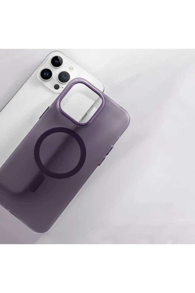 zore iPhone 14 Pro Uyumlu Magsafe Şarj Özellikli Buzlu Sert PC Zore Tuval Kılıf-Derin Mor - Resim 3