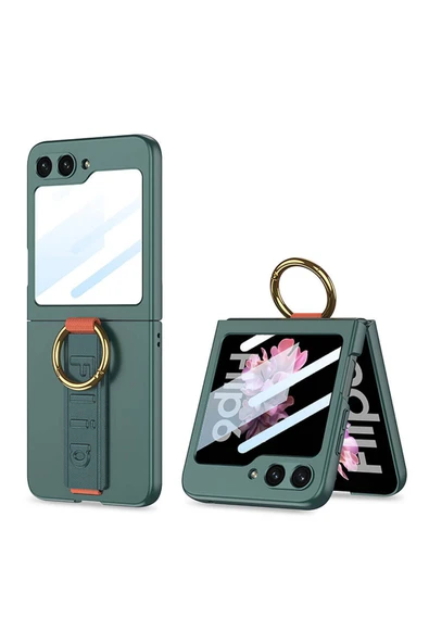 PSR aksesuar Galaxy Z Flip 6 Kılıf Kamera Korumalı Yüzüklü Karbon Tasarımlı Zore Flip Ring Kıpta Kapak-Gri-Yeşil - 1