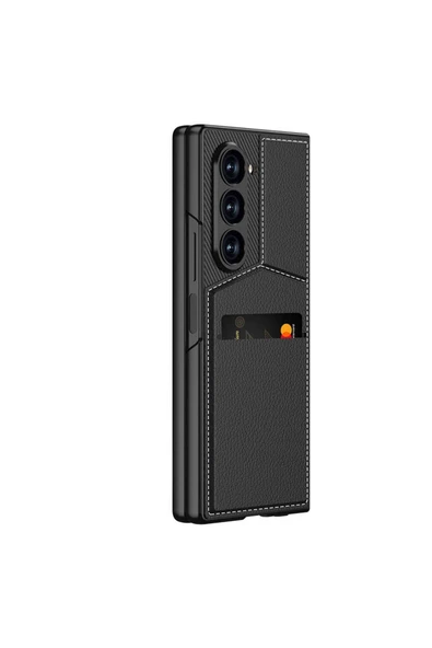 Cleo Cases Galaxy Z Fold 6 Kılıf Karbon Fiber Deri Kartlıklı Zore Kıpta Dik Açılan Kartlıklı Kapak-Siyah - 4