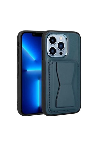 zore iPhone 12 Pro Uyumlu Kartlıklı Standlı Pu Deri Zore Memo Kılıf-Lacivert ürün görseli