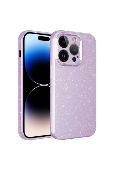 YuccaTech iPhone 14 Pro Uyumlu Kamera Korumalı Simli Lüks Zore Koton Kılıf-Lila ürün görseli 1