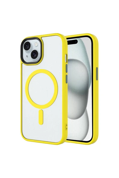 zore iPhone 15 Plus Uyumlu Mat Arka Yüzey Wireless Şarj Özellikli Zore Flet Magsafe Kılıf-Sarı ürün görseli