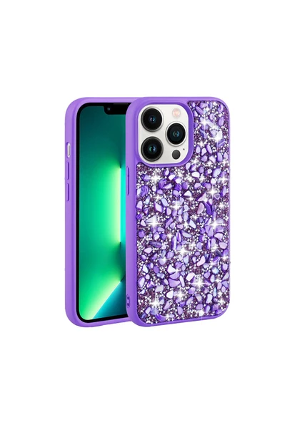 SAFA iPhone 13 Pro Uyumlu Parlak Taşlı Tasarım Zore Linea Kılıf-Mor ürün görseli