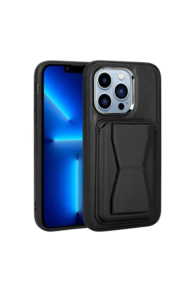 SAFA iPhone 13 Pro Max Uyumlu Kartlıklı Standlı Pu Deri Zore Memo Kılıf-Siyah ürün görseli