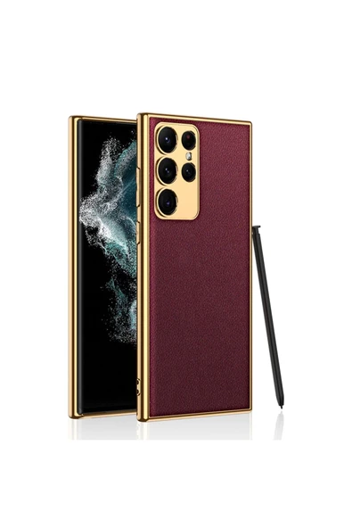 SAFA Galaxy S23 Ultra Uyumlu Deri Görünümlü Kenarları Elektroplating Kaplama Zore Fizyon Kılıf-Kı - 1