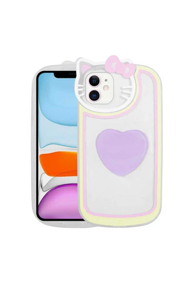 SAFA iPhone 11 Uyumlu Kedi Figürlü Transparan Pop Soketli CSK Zore Ritmik Kılıf-Lila ürün görseli